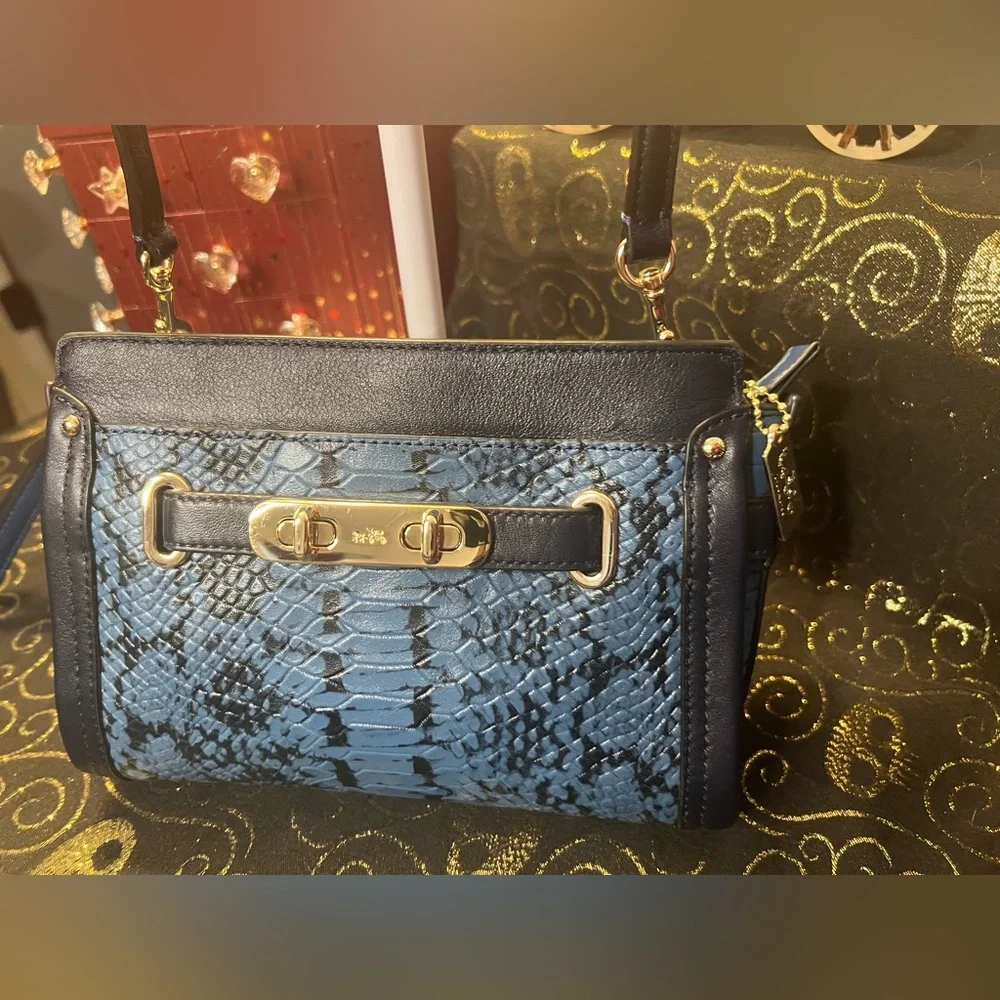 Coach Swagger Exotic Python Snake Skin Blue and Black Crossbody Wristlet